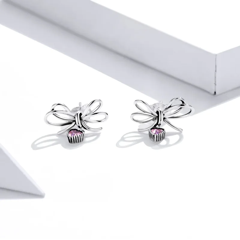 (image for) Pandora Style Silver Stud Earrings, Gift With Bow - SCE962 - View 2