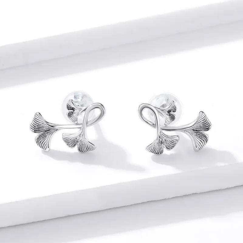 (image for) Pandora Style Silver Stud Earrings, Ginkgo Leaf - BSE328 - View 2