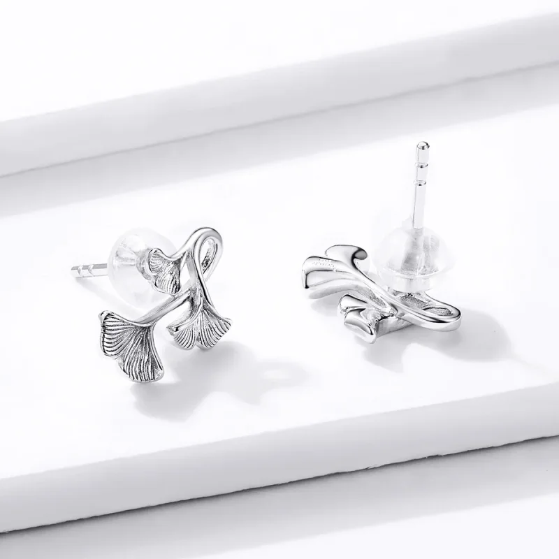 (image for) Pandora Style Silver Stud Earrings, Ginkgo Leaf - BSE328 - View 4
