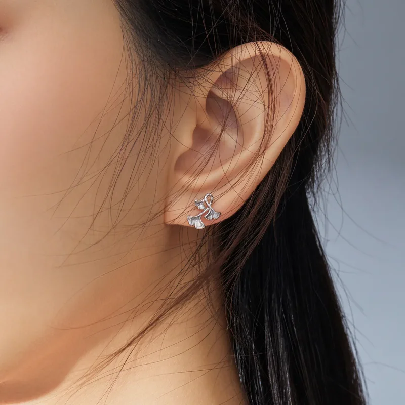 (image for) Pandora Style Silver Stud Earrings, Ginkgo Leaf - BSE328 - View 7