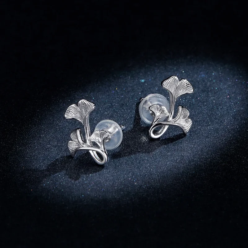 (image for) Pandora Style Silver Stud Earrings, Ginkgo Leaf - BSE328 - View 8