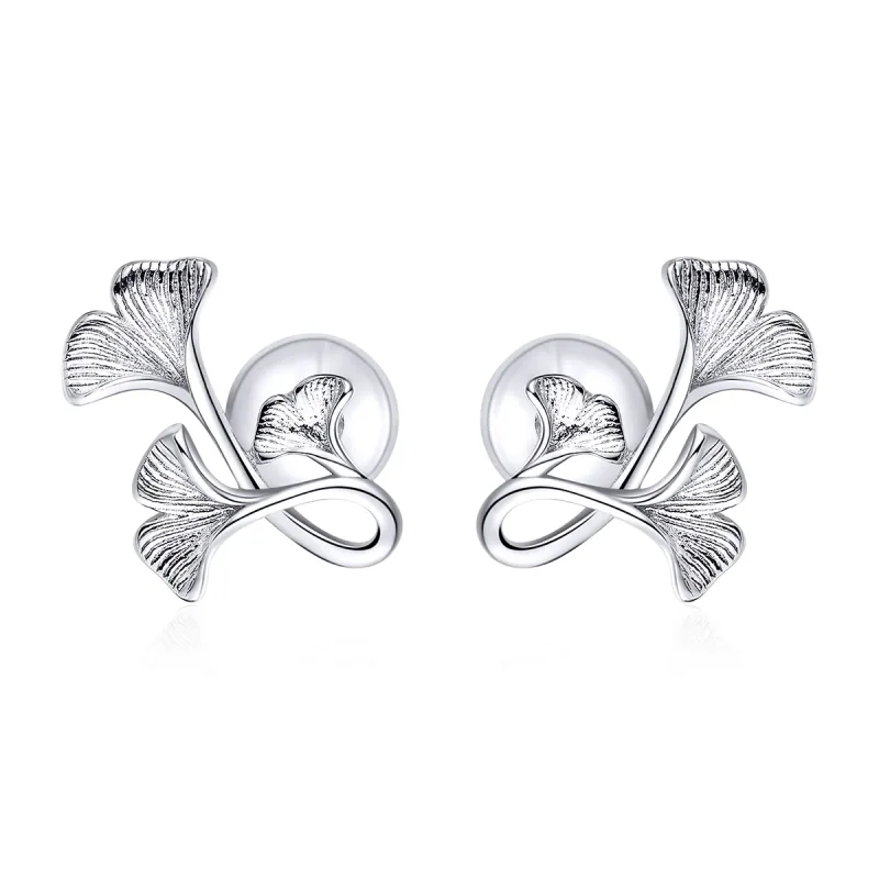 (image for) Pandora Style Silver Stud Earrings, Ginkgo Leaf - BSE328 - Product Image