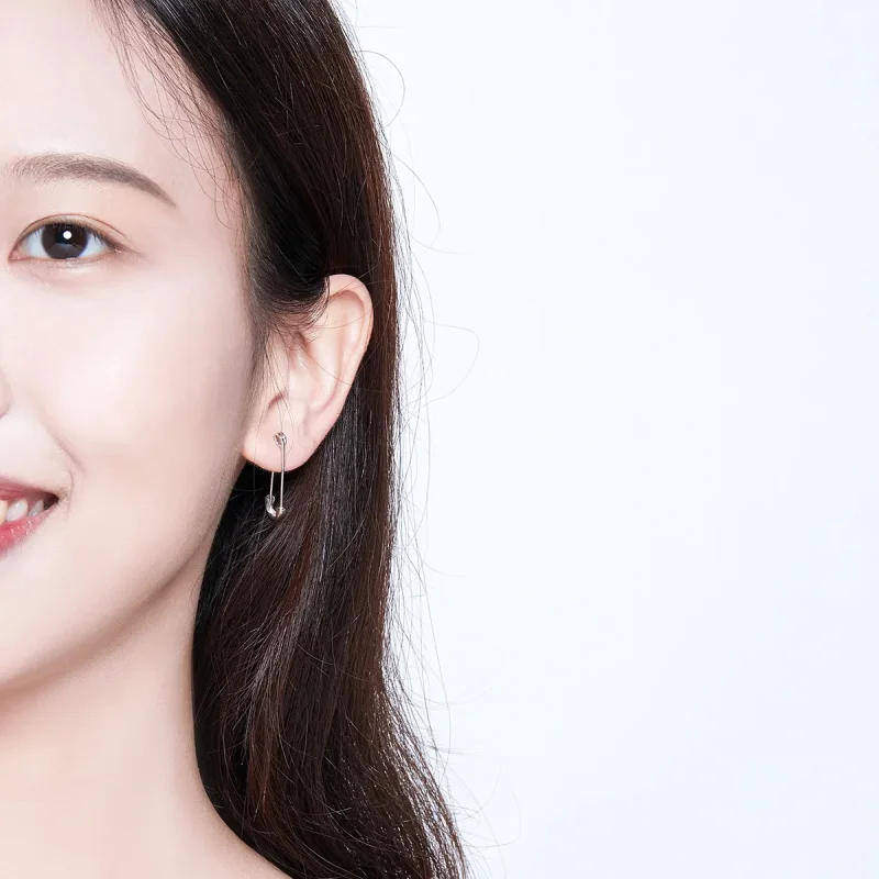 (image for) Pandora Style Silver Stud Earrings, Happy Paper Clip - SCE695-A - View 6