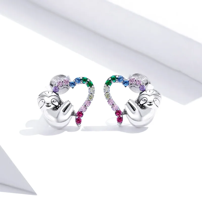 (image for) Pandora Style Silver Stud Earrings, Heart-Shaped Little Sloth - SCE885 - View 2
