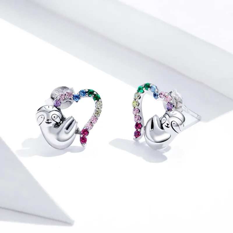 (image for) Pandora Style Silver Stud Earrings, Heart-Shaped Little Sloth - SCE885 - View 3