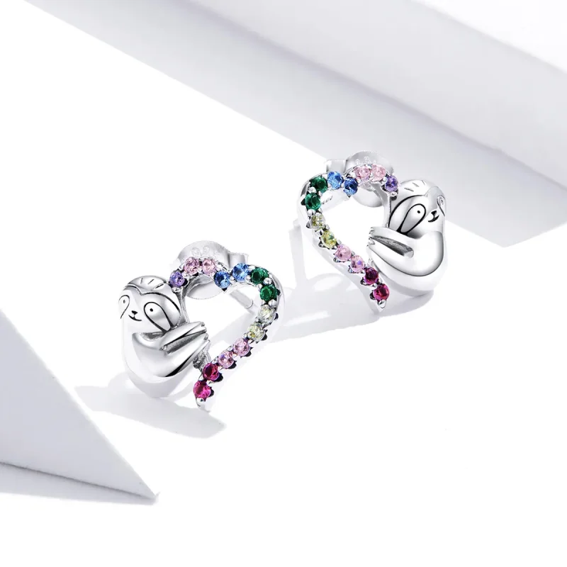 (image for) Pandora Style Silver Stud Earrings, Heart-Shaped Little Sloth - SCE885 - View 4