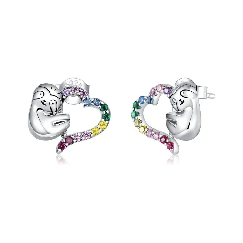 (image for) Pandora Style Silver Stud Earrings, Heart-Shaped Little Sloth - SCE885 - Product Image