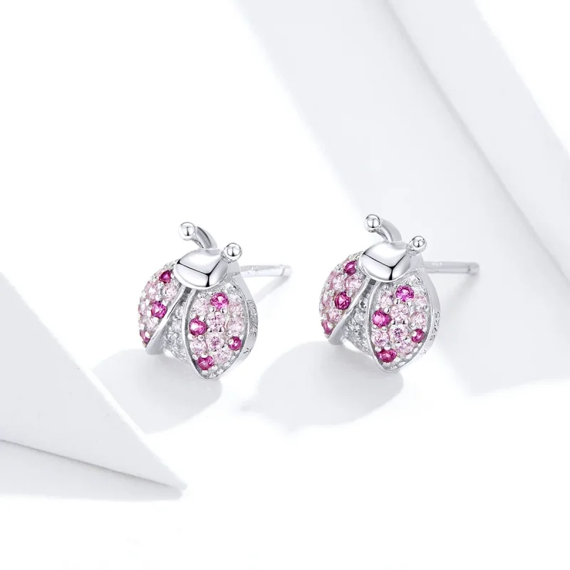 (image for) Pandora Style Silver Stud Earrings, Ladybug - SCE715 - View 2