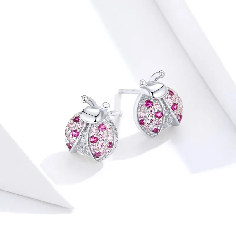 (image for) Pandora Style Silver Stud Earrings, Ladybug - SCE715 - View 3