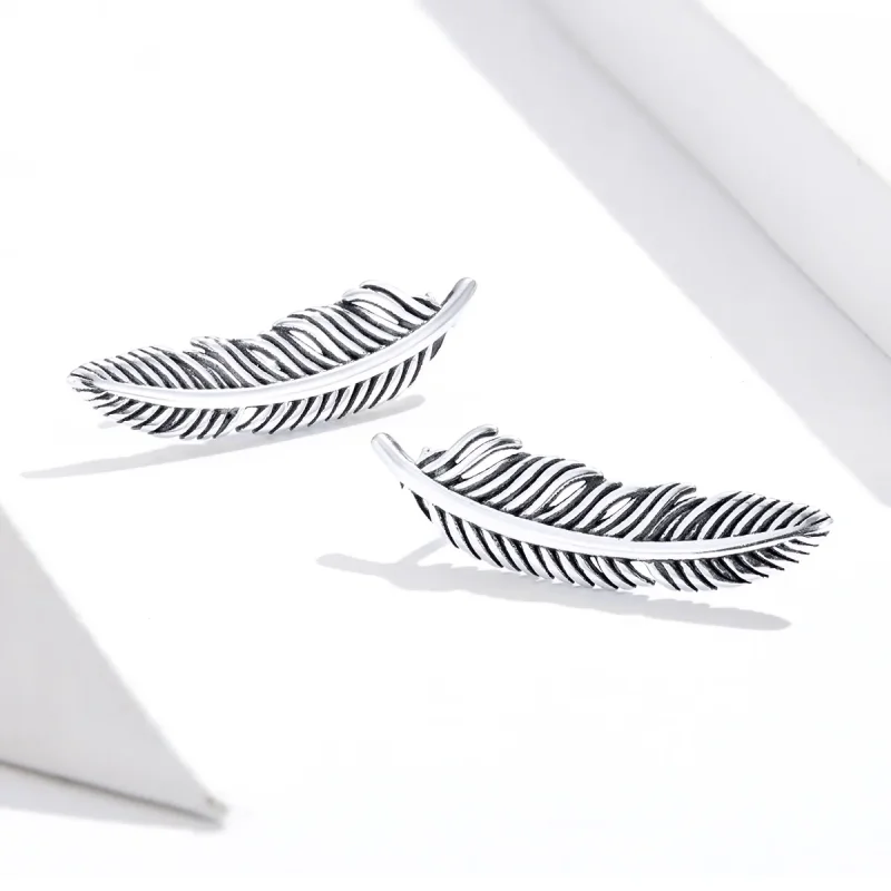 (image for) Pandora Style Silver Stud Earrings, Light As A Feather - SCE865 - View 3