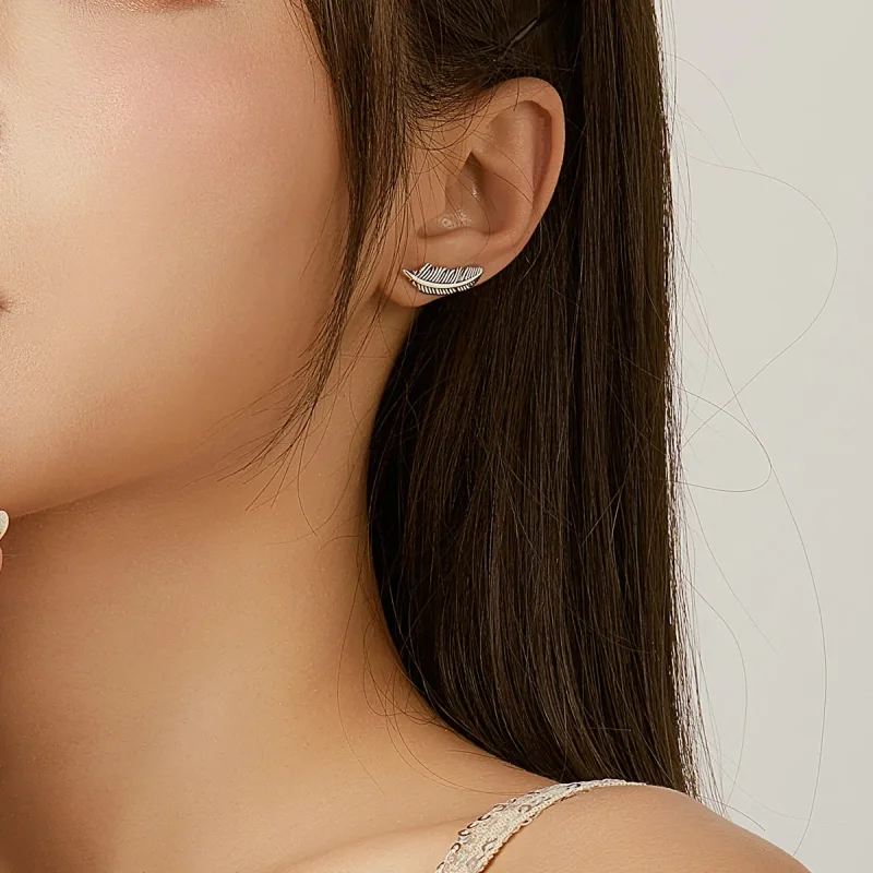 (image for) Pandora Style Silver Stud Earrings, Light As A Feather - SCE865 - View 5