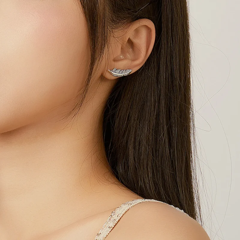 (image for) Pandora Style Silver Stud Earrings, Light As A Feather - SCE865 - View 6