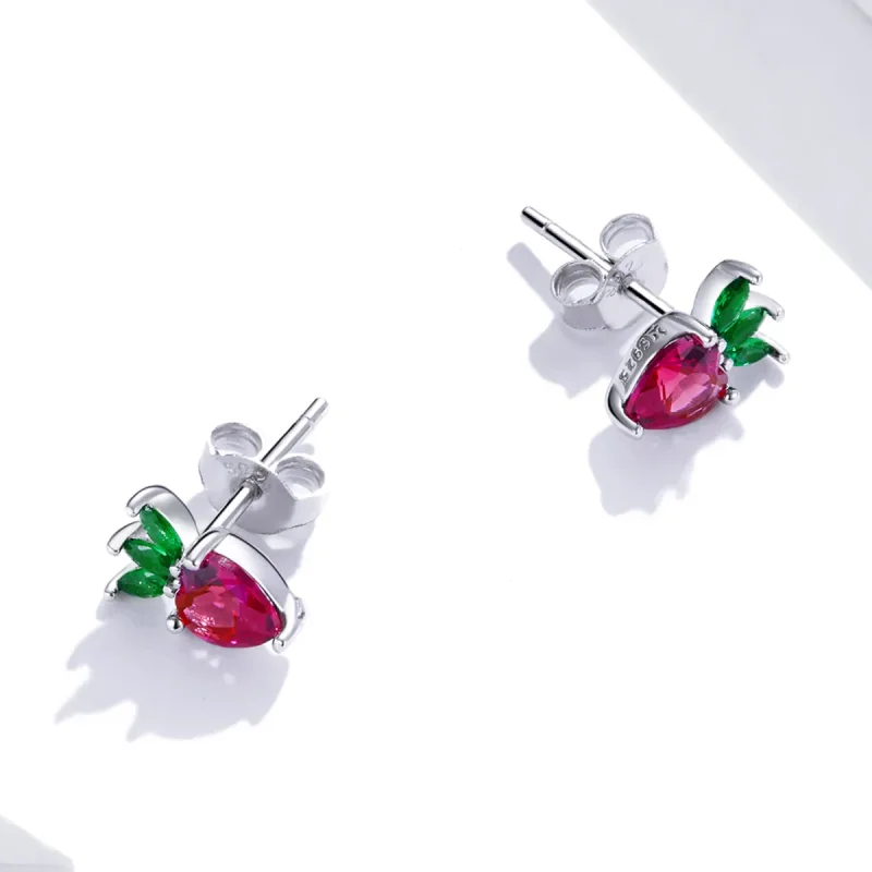 (image for) Pandora Style Silver Stud Earrings, Lovely Little Strawberry - SCE1034 - View 2