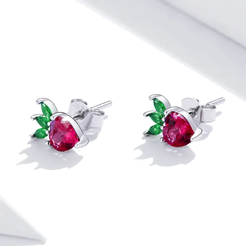 (image for) Pandora Style Silver Stud Earrings, Lovely Little Strawberry - SCE1034 - View 3