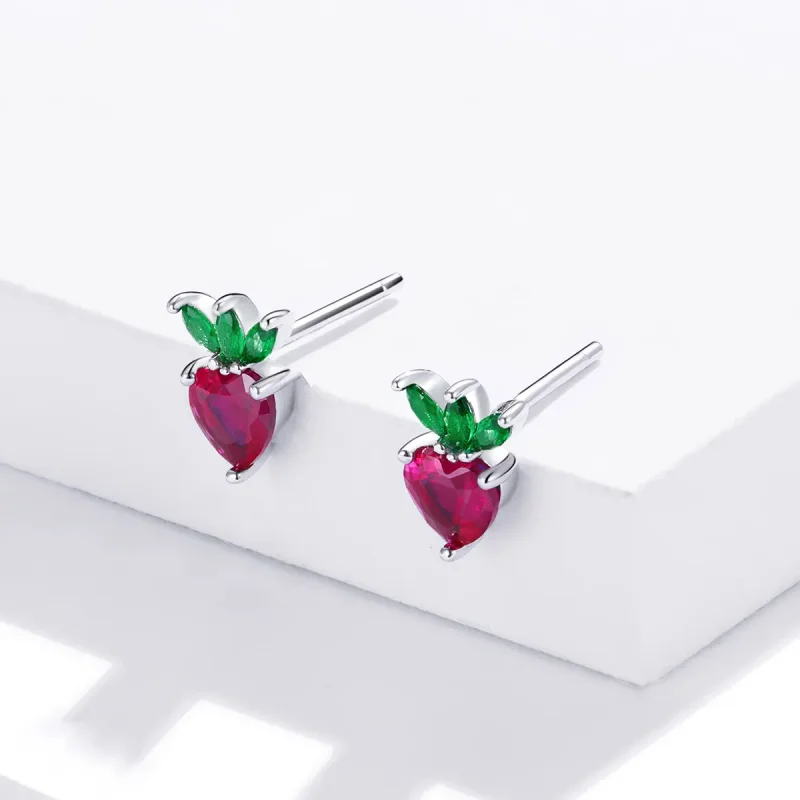 (image for) Pandora Style Silver Stud Earrings, Lovely Little Strawberry - SCE1034 - View 4