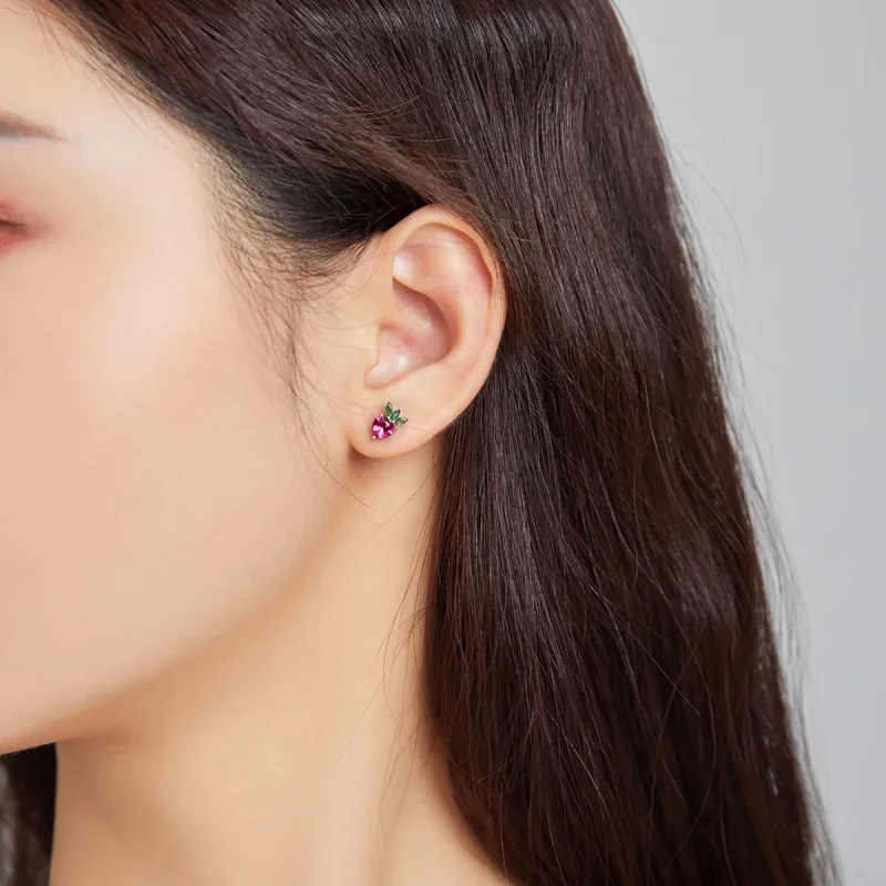 (image for) Pandora Style Silver Stud Earrings, Lovely Little Strawberry - SCE1034 - View 5
