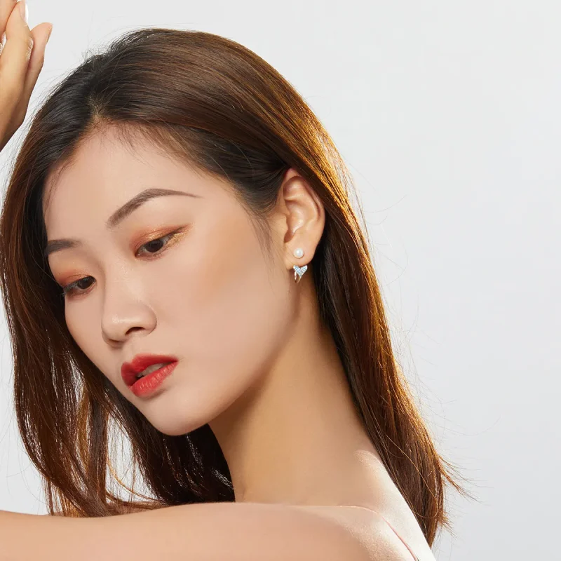 (image for) Pandora Style Silver Stud Earrings, Mermaid Tail - SCE761 - View 6