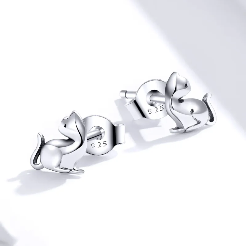 (image for) Pandora Style Silver Stud Earrings, Mischievous Cat - SCE832 - View 2