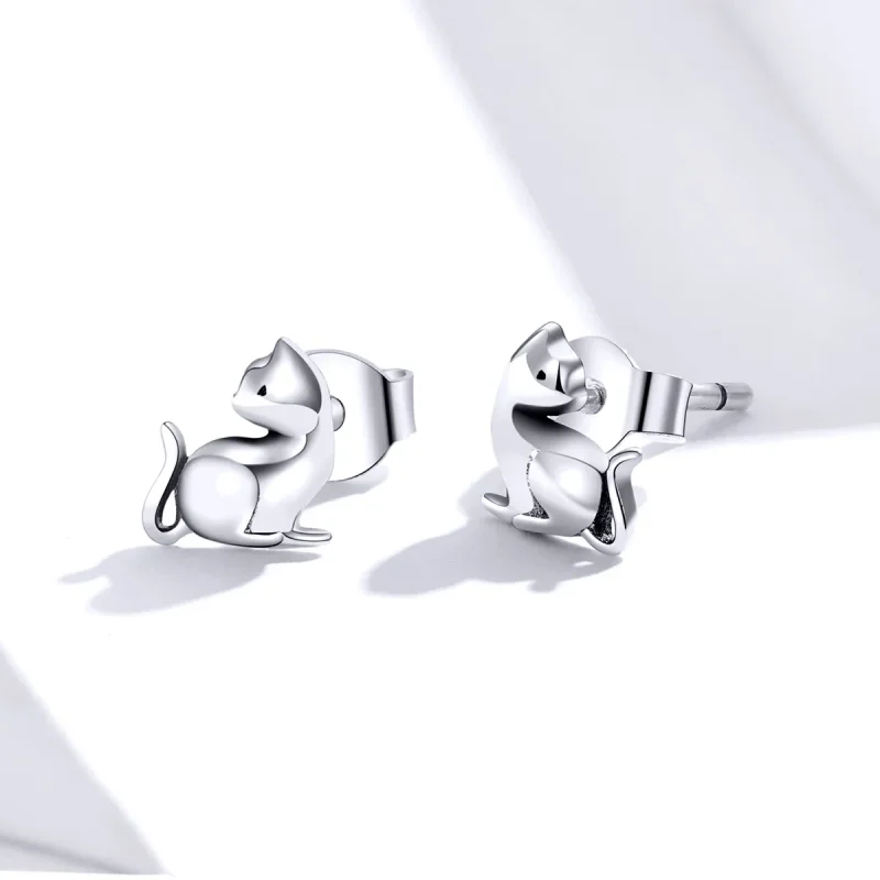 (image for) Pandora Style Silver Stud Earrings, Mischievous Cat - SCE832 - View 3