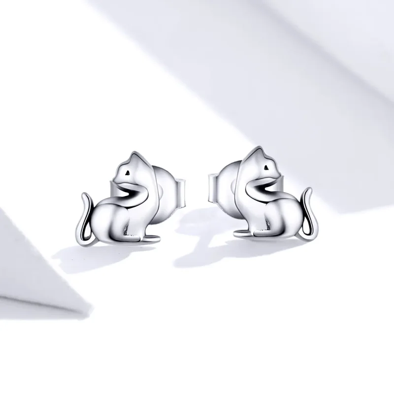 (image for) Pandora Style Silver Stud Earrings, Mischievous Cat - SCE832 - View 4