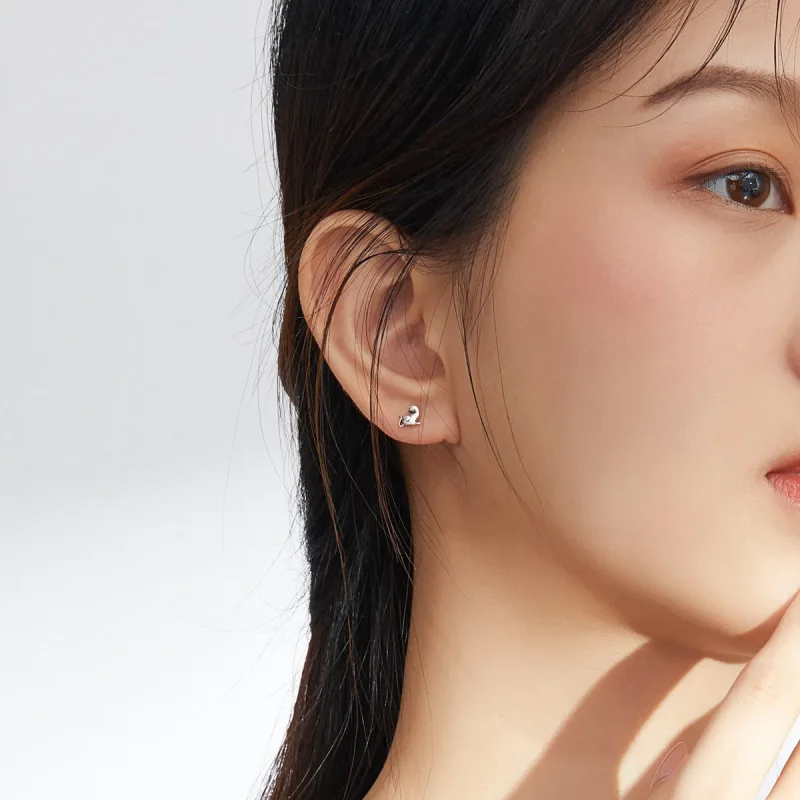 (image for) Pandora Style Silver Stud Earrings, Mischievous Cat - SCE832 - View 5