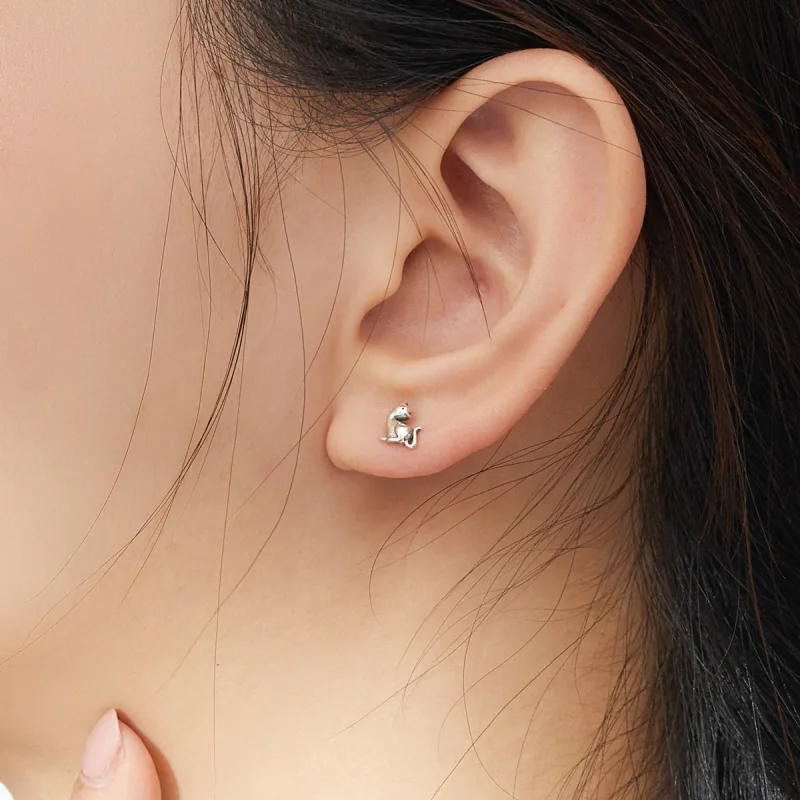 (image for) Pandora Style Silver Stud Earrings, Mischievous Cat - SCE832 - View 6