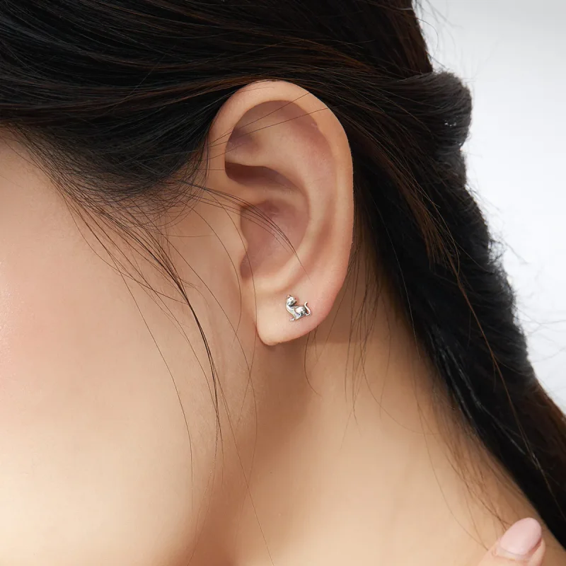 (image for) Pandora Style Silver Stud Earrings, Mischievous Cat - SCE832 - View 7