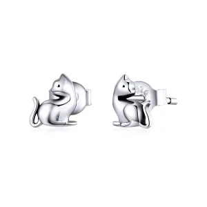 (image for) Pandora Style Silver Stud Earrings, Mischievous Cat - SCE832
