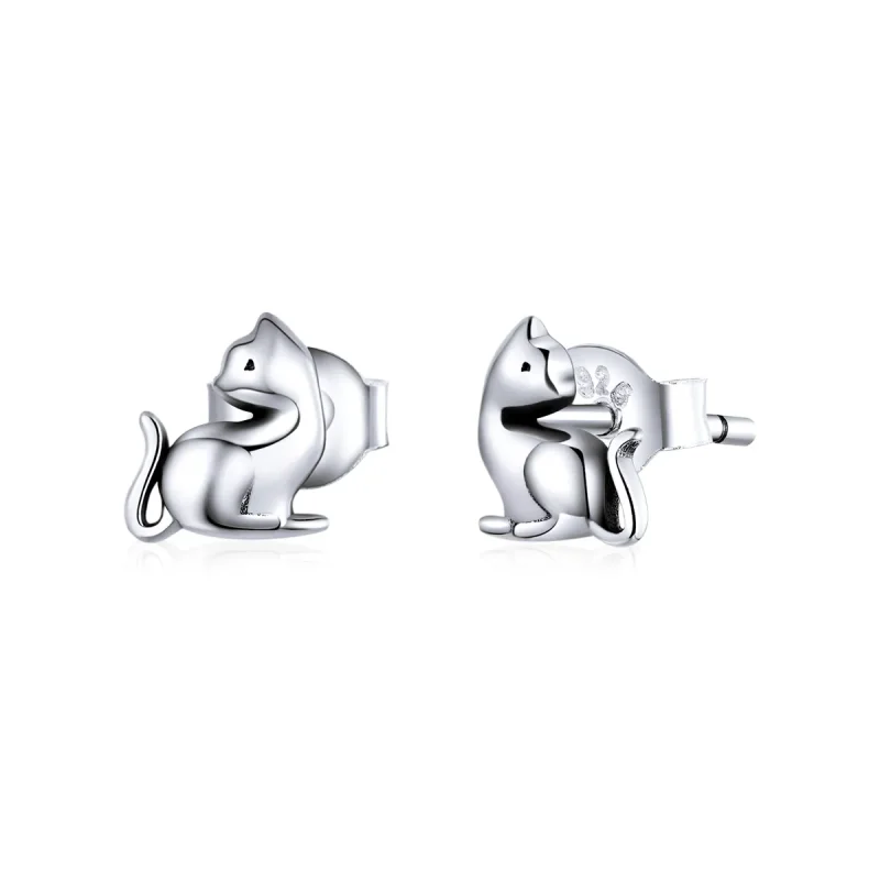 (image for) Pandora Style Silver Stud Earrings, Mischievous Cat - SCE832 - Product Image