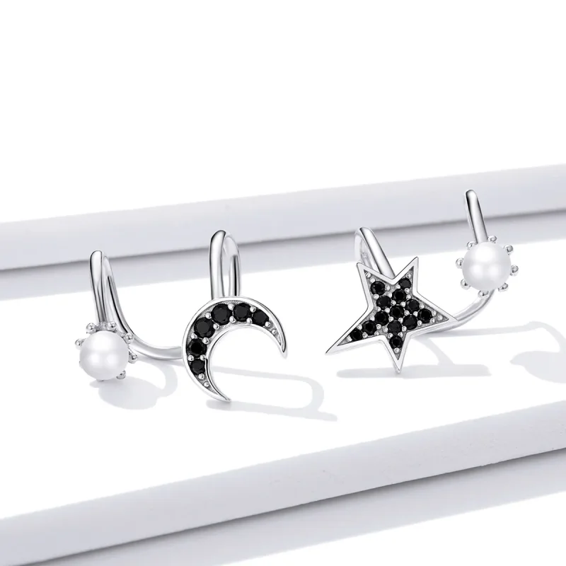 (image for) Pandora Style Silver Stud Earrings, Moon and Star - BSE387 - View 2