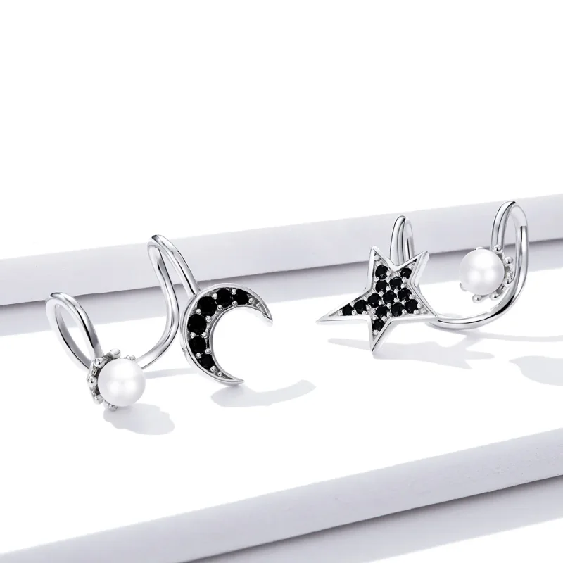 (image for) Pandora Style Silver Stud Earrings, Moon and Star - BSE387 - View 3