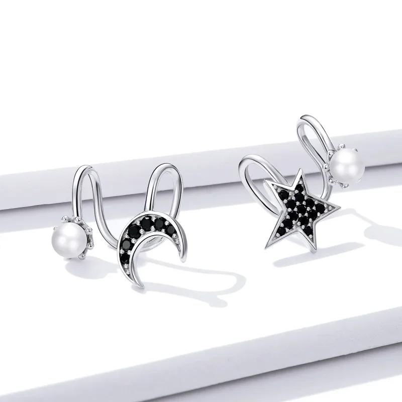 (image for) Pandora Style Silver Stud Earrings, Moon and Star - BSE387 - View 4