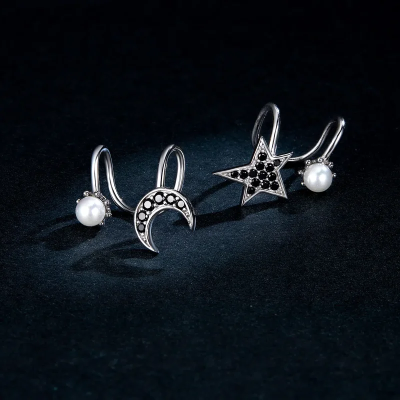 (image for) Pandora Style Silver Stud Earrings, Moon and Star - BSE387 - View 5
