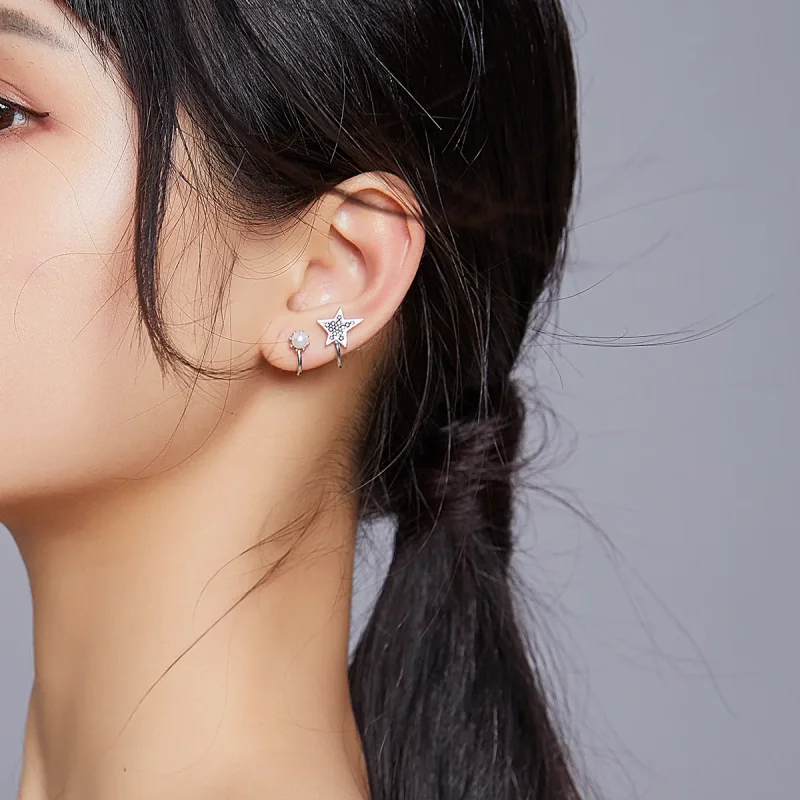 (image for) Pandora Style Silver Stud Earrings, Moon and Star - BSE387 - View 6