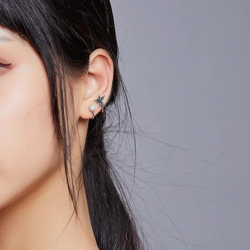 (image for) Pandora Style Silver Stud Earrings, Moon and Star - BSE387 - View 7