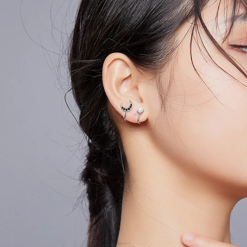 (image for) Pandora Style Silver Stud Earrings, Moon and Star - BSE387 - View 8