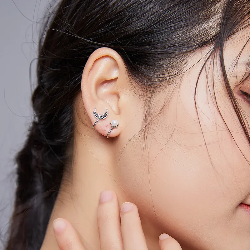 (image for) Pandora Style Silver Stud Earrings, Moon and Star - BSE387 - View 9