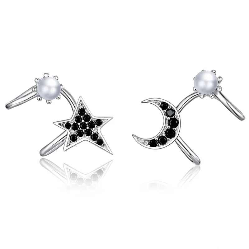 (image for) Pandora Style Silver Stud Earrings, Moon and Star - BSE387 - Product Image