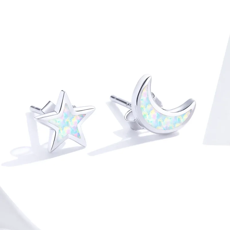 (image for) Pandora Style Silver Stud Earrings, Moon and Star - SCE875 - View 2