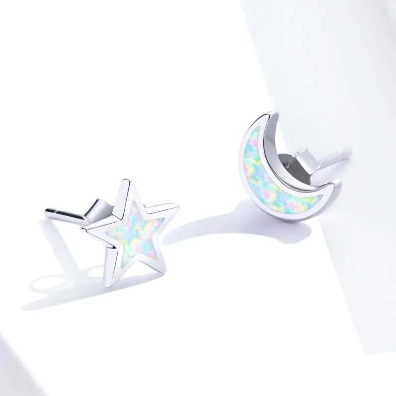 (image for) Pandora Style Silver Stud Earrings, Moon and Star - SCE875 - View 3