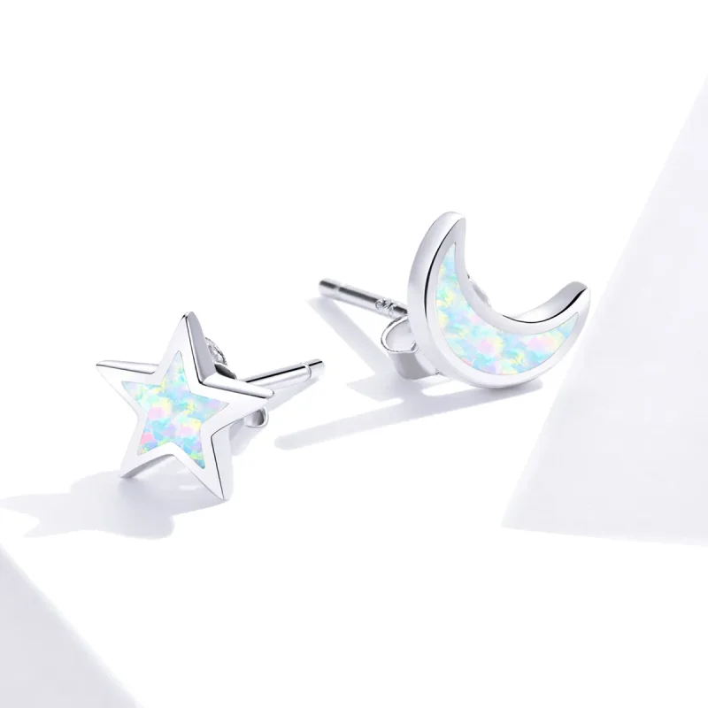 (image for) Pandora Style Silver Stud Earrings, Moon and Star - SCE875 - View 4