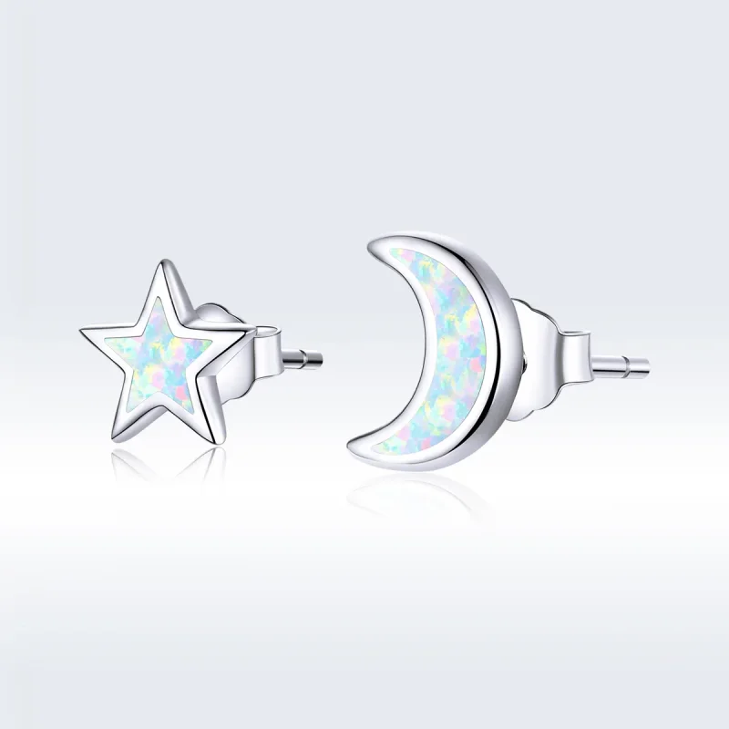 (image for) Pandora Style Silver Stud Earrings, Moon and Star - SCE875 - View 5