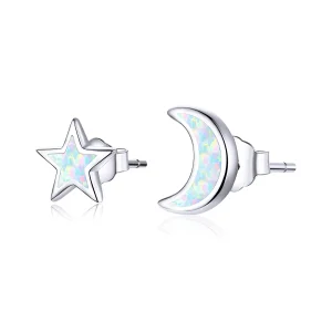 (image for) Pandora Style Silver Stud Earrings, Moon and Star - SCE875