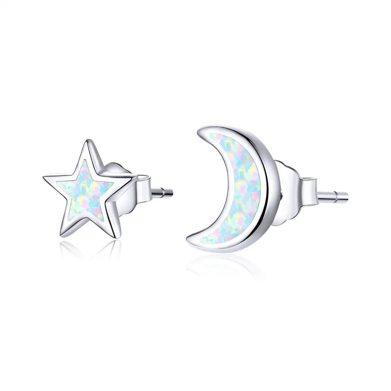 (image for) Pandora Style Silver Stud Earrings, Moon and Star - SCE875 - Product Image