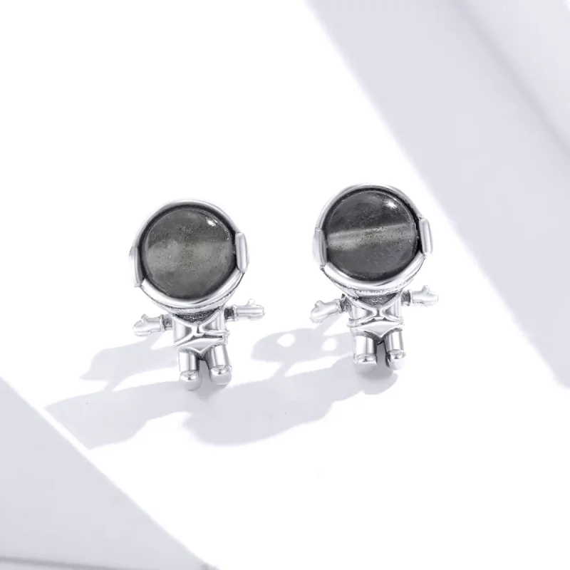 (image for) Pandora Style Silver Stud Earrings, Moonstone Astronaut - SCE871 - View 2