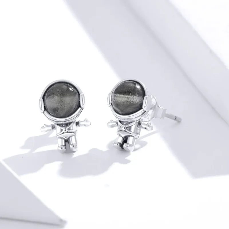 (image for) Pandora Style Silver Stud Earrings, Moonstone Astronaut - SCE871 - View 3