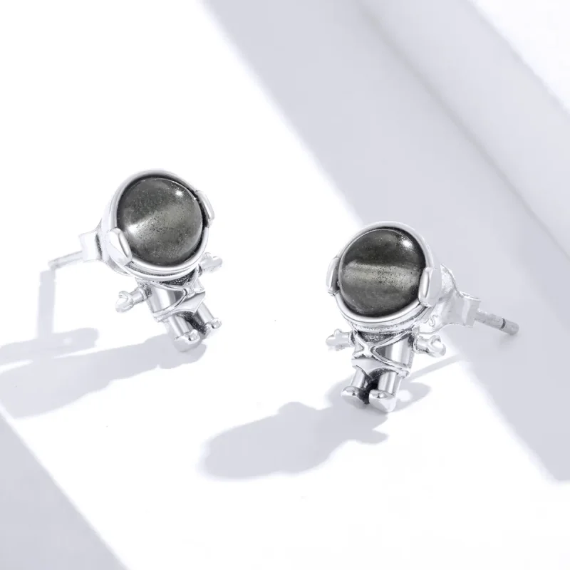 (image for) Pandora Style Silver Stud Earrings, Moonstone Astronaut - SCE871 - View 4