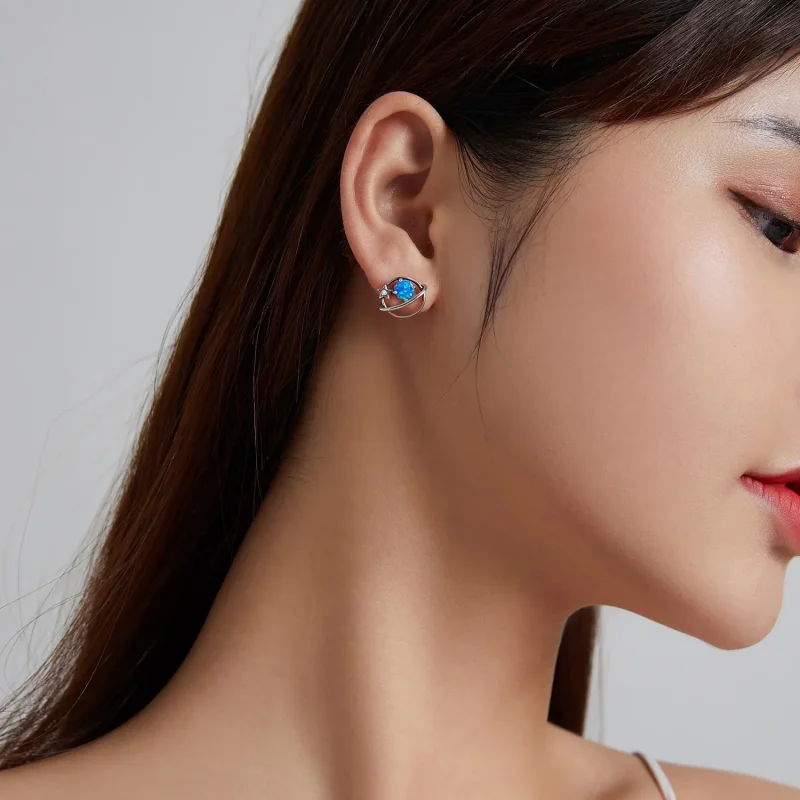 (image for) Pandora Style Silver Stud Earrings, Mysterious Planet - SCE1133 - View 5