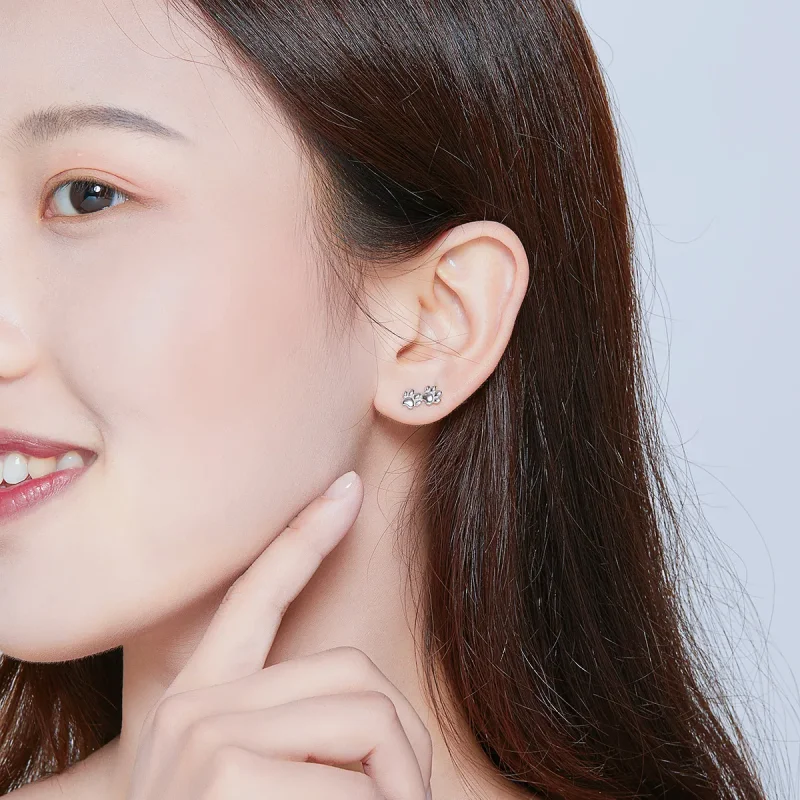 (image for) Pandora Style Silver Stud Earrings, Pet Footprints - SCE718 - View 5