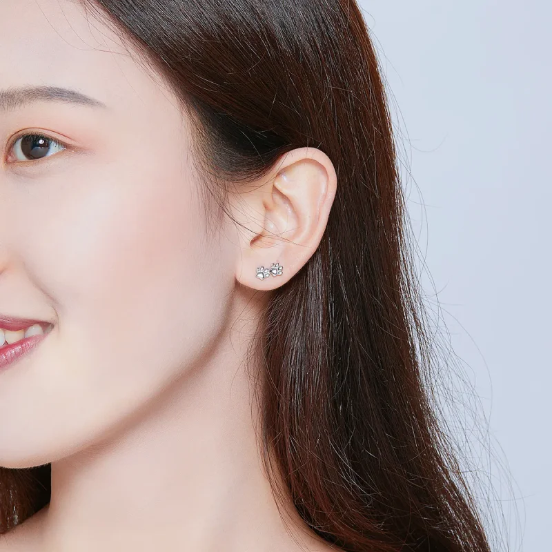 (image for) Pandora Style Silver Stud Earrings, Pet Footprints - SCE718 - View 7